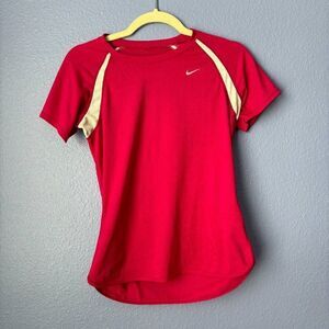 Women's Nike Dri-Fit Running Shirt Short Sleeve Tee Pink White Stripe Small GUC